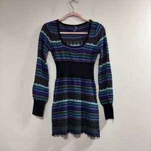Free People Black and Blue Ribbed Bishop Sleeve Dress